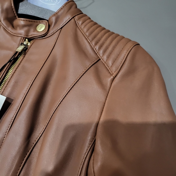 Cole Hann Caramel Brown Leather Moto Jacket Snap Button Neck - Picture 7 of 11